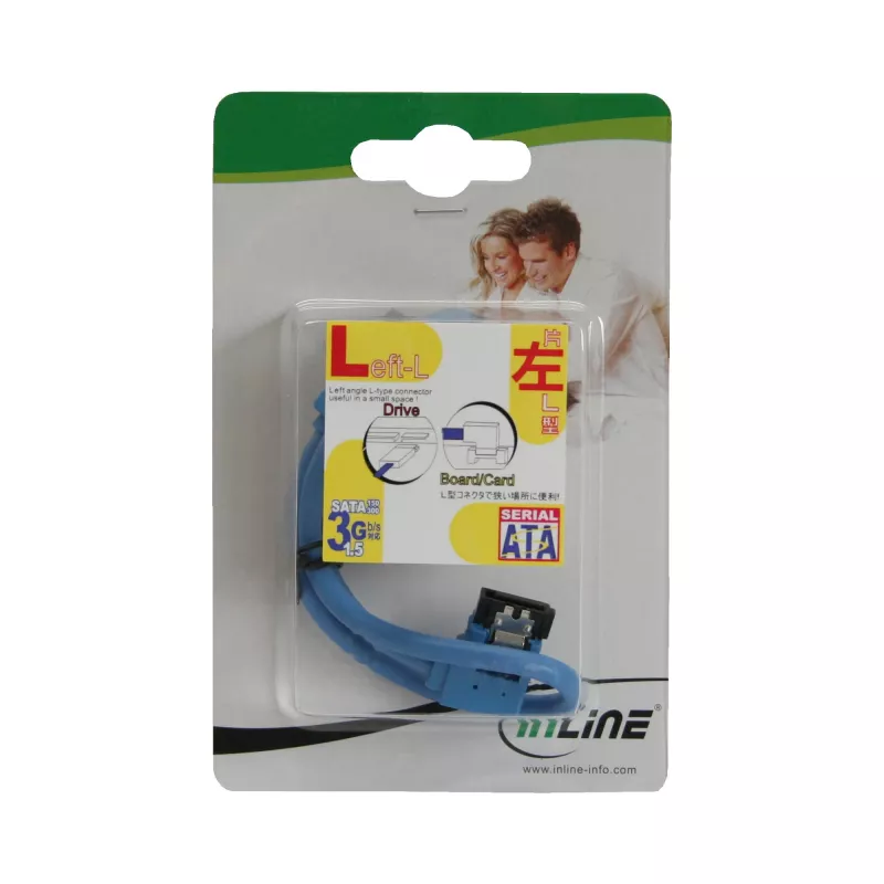 Cable redondo SATA 6Gb/s InLine azul acodado a la izquierda 90° con pestillos 0,5 m