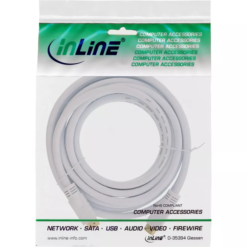 Cable High Speed HDMI con Ethernet InLine, M/M, blanco, contactos dorados, 5 m