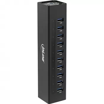 Hub USB 3.0 InLine 10 puertos carcasa de aluminio con fuente de alimentación 4A, negro