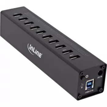 Hub USB 3.0 InLine 10 puertos carcasa de aluminio con fuente de alimentación 4A, negro