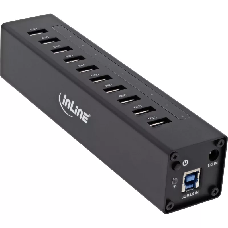 Hub USB 3.0 InLine 10 puertos carcasa de aluminio con fuente de alimentación 4A, negro