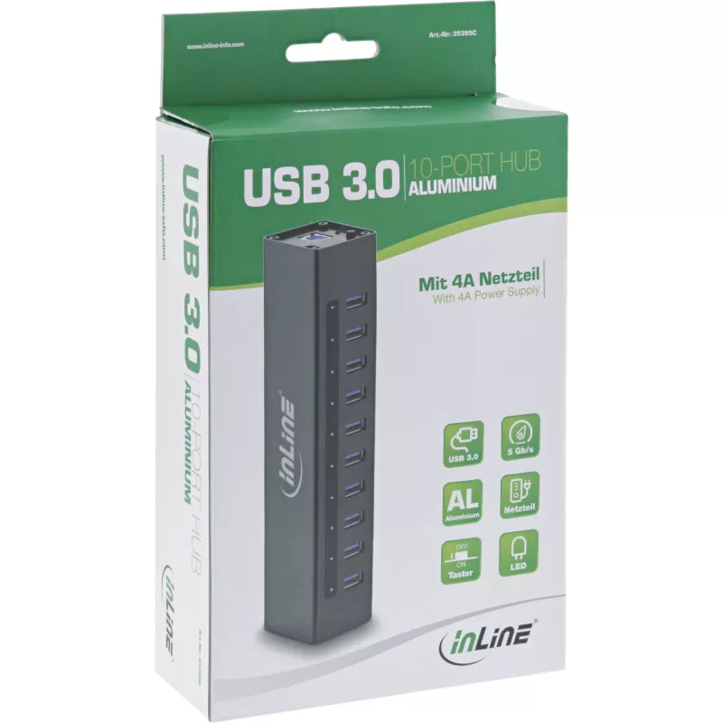 Hub USB 3.0 InLine 10 puertos carcasa de aluminio con fuente de alimentación 4A, negro