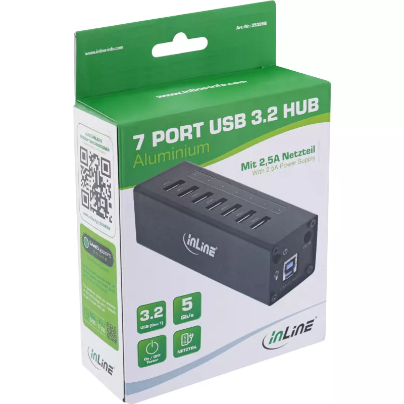 Hub USB 3.0 InLine, 7 puertos, carcasa de aluminio, con fuente de alimentación 2,5A