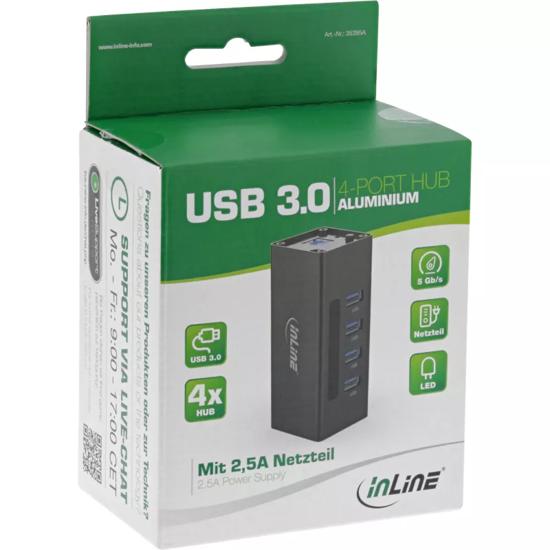 Hub USB 3.0 InLine, 4 puertos, carcasa de aluminio, con fuente de alimentación 2,5A