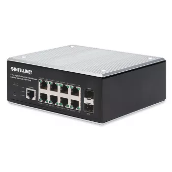 Switch gestionado web Intellinet Industrial 8 puertos Gigabit Ethernet PoE+ Layer 2+ con 2 puertos SFP, conforme a IEEE 802.3at/af (PoE+/PoE), presupuesto de potencia PoE de hasta 240 W, Layer 2+/Layer 3 Lite, carcasa metálica certificada IP30, red auto-reparable, Endsp