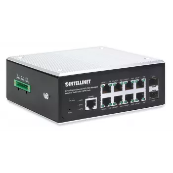 Switch gestionado web Intellinet Industrial 8 puertos Gigabit Ethernet PoE+ Layer 2+ con 2 puertos SFP, conforme a IEEE 802.3at/af (PoE+/PoE), presupuesto de potencia PoE de hasta 240 W, Layer 2+/Layer 3 Lite, carcasa metálica certificada IP30, red auto-reparable, Endsp
