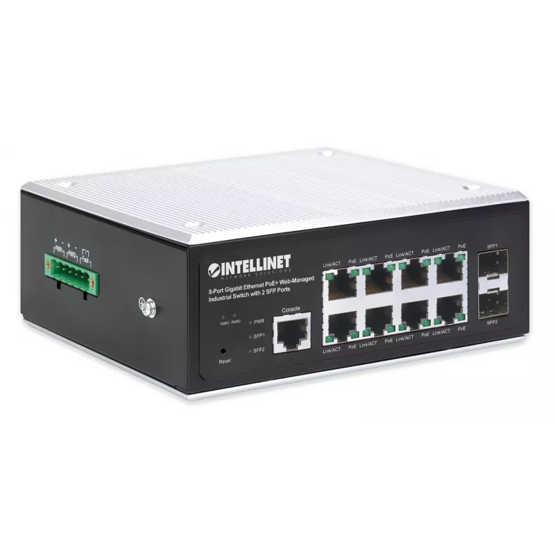 Intellinet 508278 switch industrial de 8 puertos Gigabit Ethernet PoE+ L2+ gestionado por web, 2x SFP, 30 W por puerto, carril DIN, de -40 a 85 °C, IP30, sin ventilador