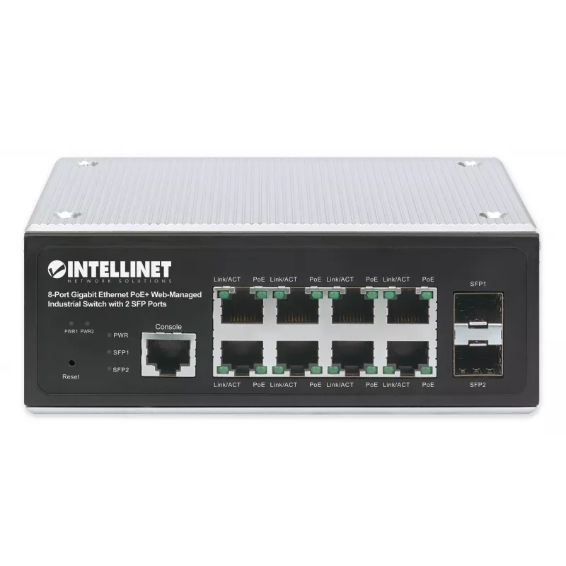 Intellinet 508278 switch industrial de 8 puertos Gigabit Ethernet PoE+ L2+ gestionado por web, 2x SFP, 30 W por puerto, carril DIN, de -40 a 85 °C, IP30, sin ventilador