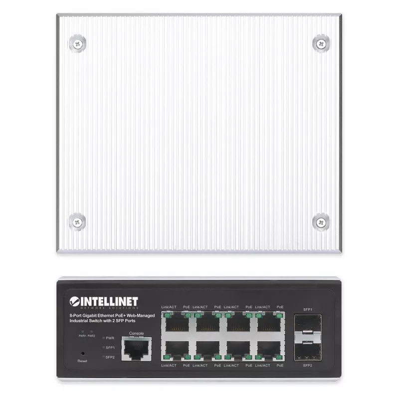 Intellinet 508278 switch industrial de 8 puertos Gigabit Ethernet PoE+ L2+ gestionado por web, 2x SFP, 30 W por puerto, carril DIN, de -40 a 85 °C, IP30, sin ventilador