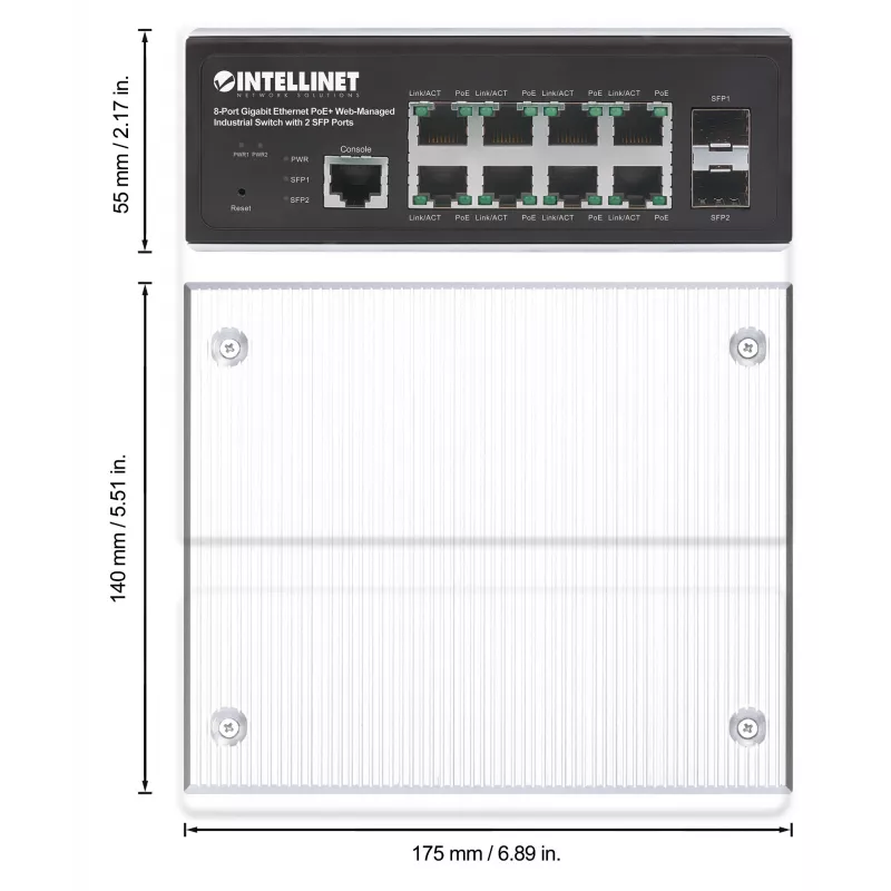 Intellinet 508278 switch industrial de 8 puertos Gigabit Ethernet PoE+ L2+ gestionado por web, 2x SFP, 30 W por puerto, carril DIN, de -40 a 85 °C, IP30, sin ventilador