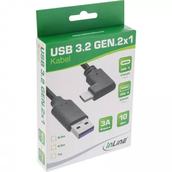 Cable USB 3.2 InLine, USB-C macho en ángulo a USB-A macho, negro, 1 m