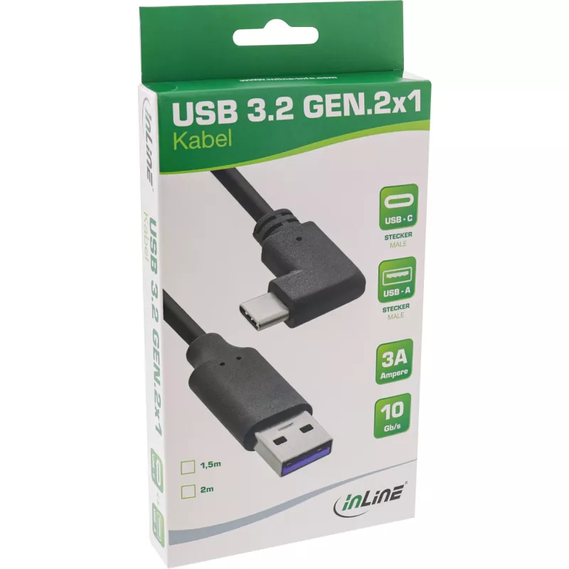 Cable USB 3.2 InLine, USB-C macho en ángulo a USB-A macho, negro, 1,5 m