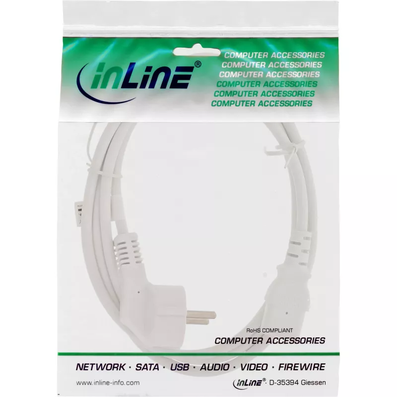 Cable de alimentación InLine, CEE 7/7 en ángulo / conector IEC C13 de 3 polos, blanco, 1 m