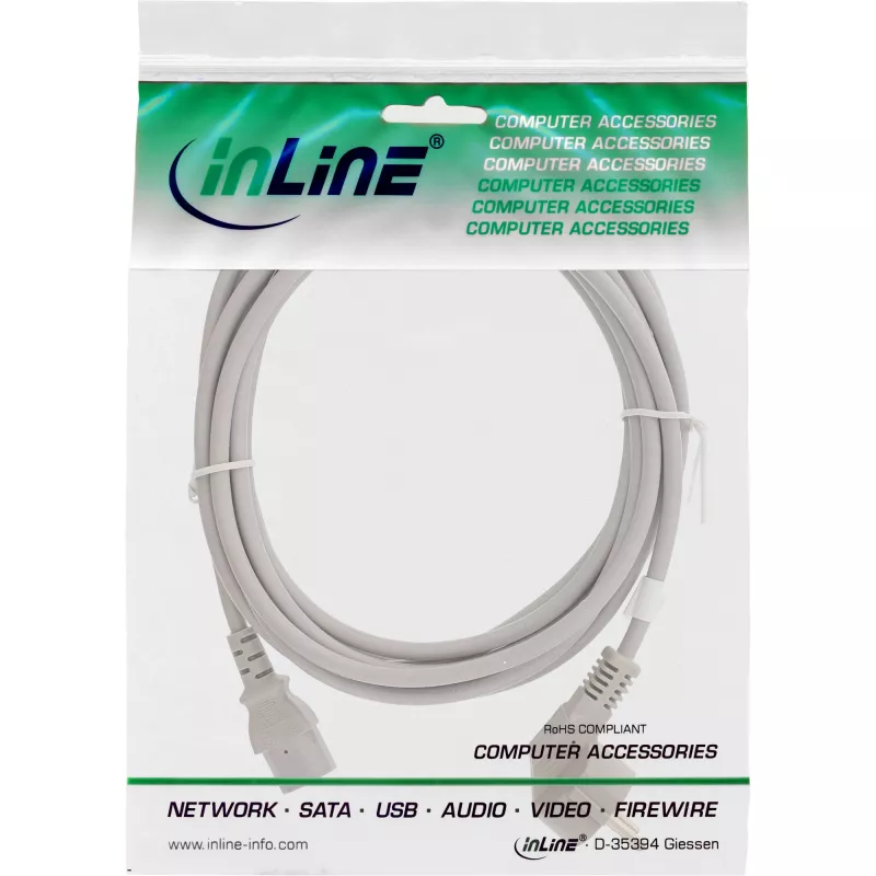 Cable de alimentación InLine, CEE 7/7 en ángulo / conector IEC C13 de 3 polos, gris, 3 m