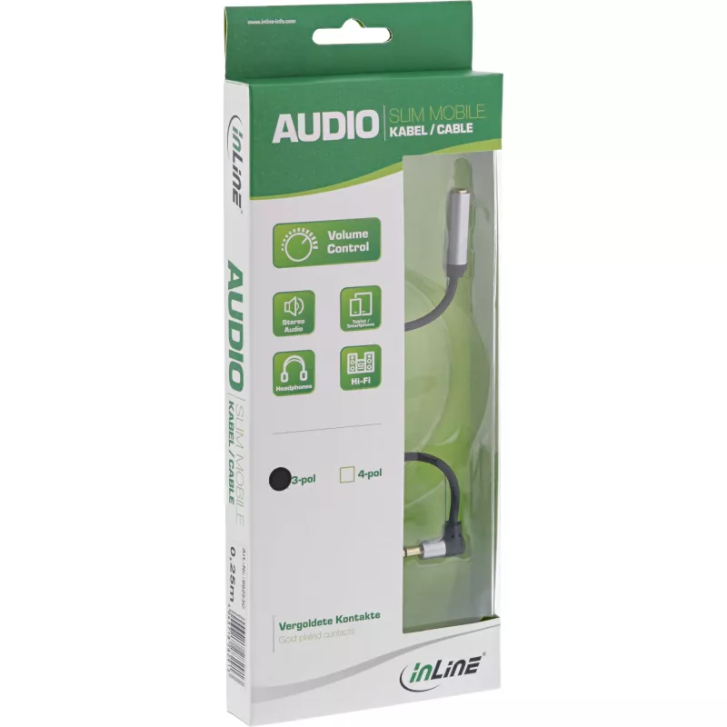 Cable de audio fino InLine 3,5 mm macho en ángulo / hembra, con control de volumen, 0,25 m