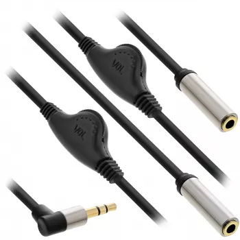 Cable de audio en Y fino InLine 3,5 mm conector macho / 2x conector hembra, con control de volumen, 0,25 m