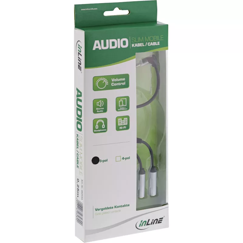 Cable de audio en Y fino InLine 3,5 mm conector macho / 2x conector hembra, con control de volumen, 0,25 m