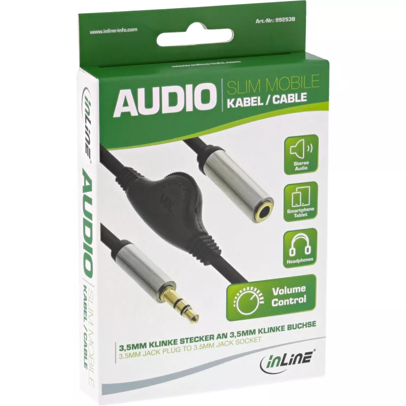 Cable de audio fino InLine 3,5 mm conector macho / conector hembra con control de volumen, 0,25 m