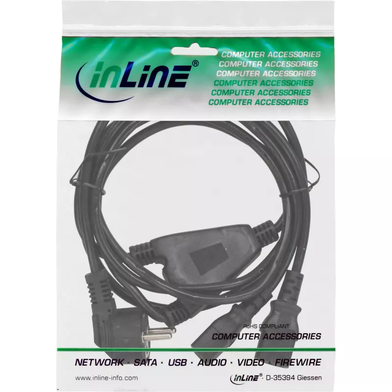 Cable de alimentación en Y InLine 1x CEE 7/7 en ángulo / 2x conector IEC C13 de 3 polos, 5 m
