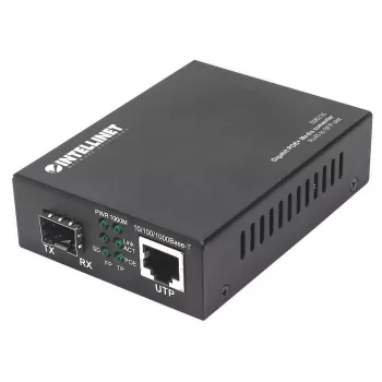 Intellinet conversor de medios Gigabit PoE+, 1 puerto 1000Base-T RJ45 a 1 puerto SFP, inyector PoE+