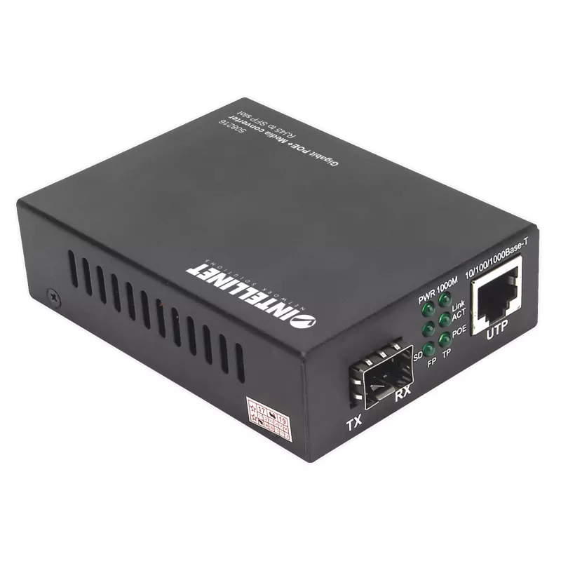 Intellinet conversor de medios Gigabit PoE+, 1 puerto 1000Base-T RJ45 a 1 puerto SFP, inyector PoE+
