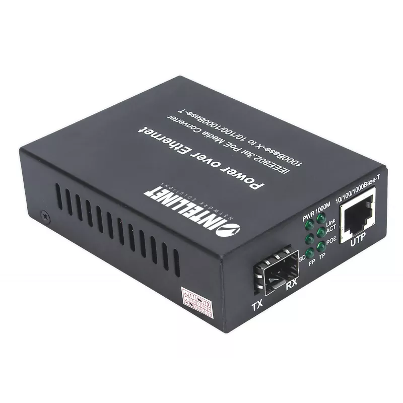 Intellinet conversor de medios Gigabit PoE+, 1 puerto 1000Base-T RJ45 a 1 puerto SFP, inyector PoE+
