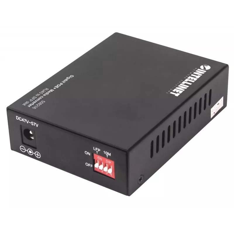 Intellinet conversor de medios Gigabit PoE+, 1 puerto 1000Base-T RJ45 a 1 puerto SFP, inyector PoE+