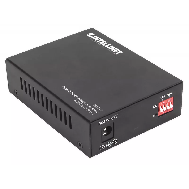 Intellinet conversor de medios Gigabit PoE+, 1 puerto 1000Base-T RJ45 a 1 puerto SFP, inyector PoE+