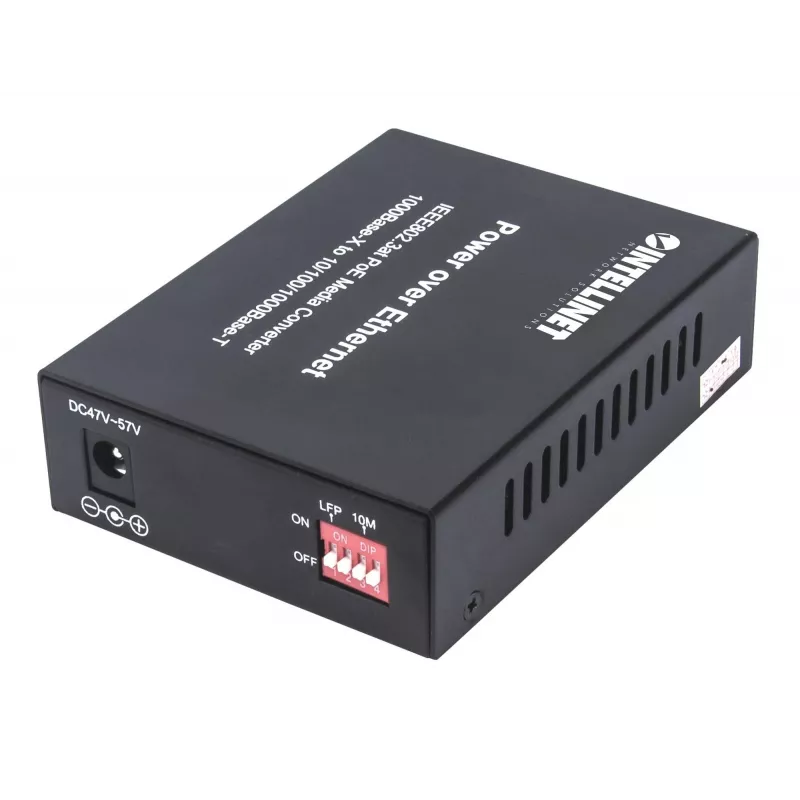 Intellinet conversor de medios Gigabit PoE+, 1 puerto 1000Base-T RJ45 a 1 puerto SFP, inyector PoE+