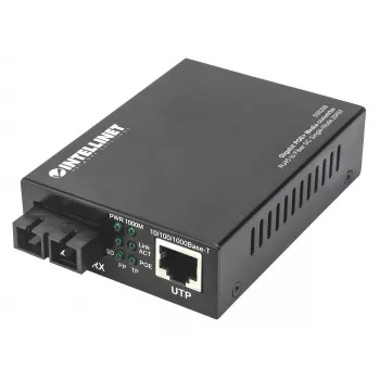 Intellinet conversor de medios Gigabit PoE+, puerto 1000Base-T RJ45 a 1000Base-LX (SC) monomodo, 20 km, inyector PoE+