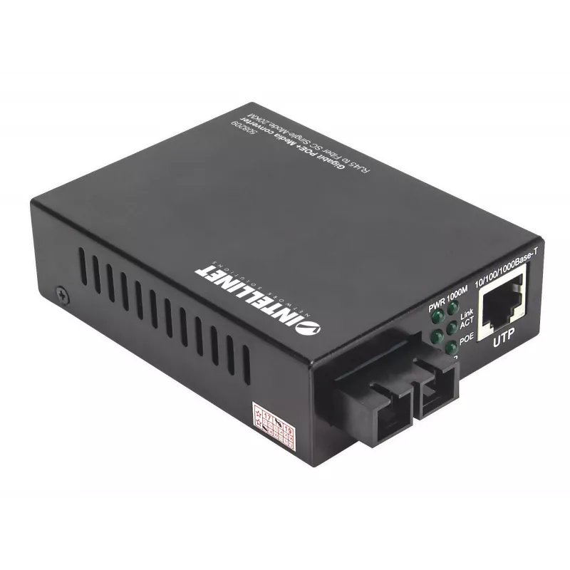Intellinet 508209 convertidor de medios Gigabit PoE+, de 1000Base-T RJ45 a 1000Base-LX SC monomodo, 20 km, 1310 nm, hasta 30 W