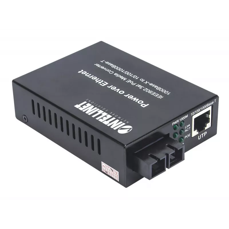 Intellinet 508209 convertidor de medios Gigabit PoE+, de 1000Base-T RJ45 a 1000Base-LX SC monomodo, 20 km, 1310 nm, hasta 30 W