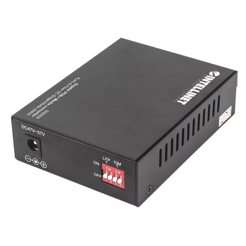 Intellinet 508209 convertidor de medios Gigabit PoE+, de 1000Base-T RJ45 a 1000Base-LX SC monomodo, 20 km, 1310 nm, hasta 30 W