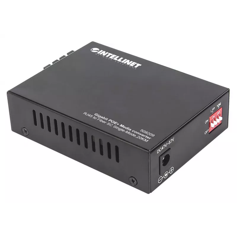 Intellinet 508209 convertidor de medios Gigabit PoE+, de 1000Base-T RJ45 a 1000Base-LX SC monomodo, 20 km, 1310 nm, hasta 30 W