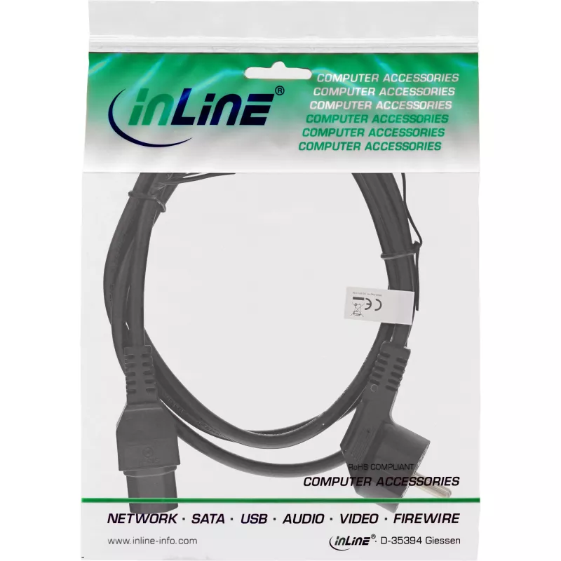 InLine cable de alimentación, CEE7/7 acodado a C15 recto, 3 x 1mm², negro, 1m