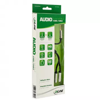 Cable de audio en Y InLine fino 3,5 mm conector macho / 2x conector hembra 0,15 m