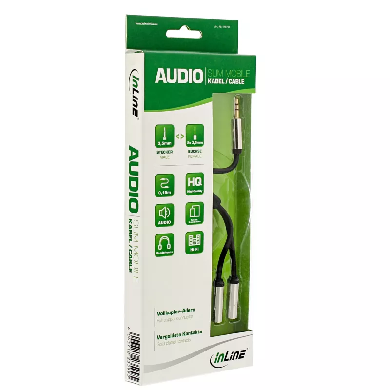 Cable de audio en Y InLine fino 3,5 mm conector macho / 2x conector hembra 0,15 m