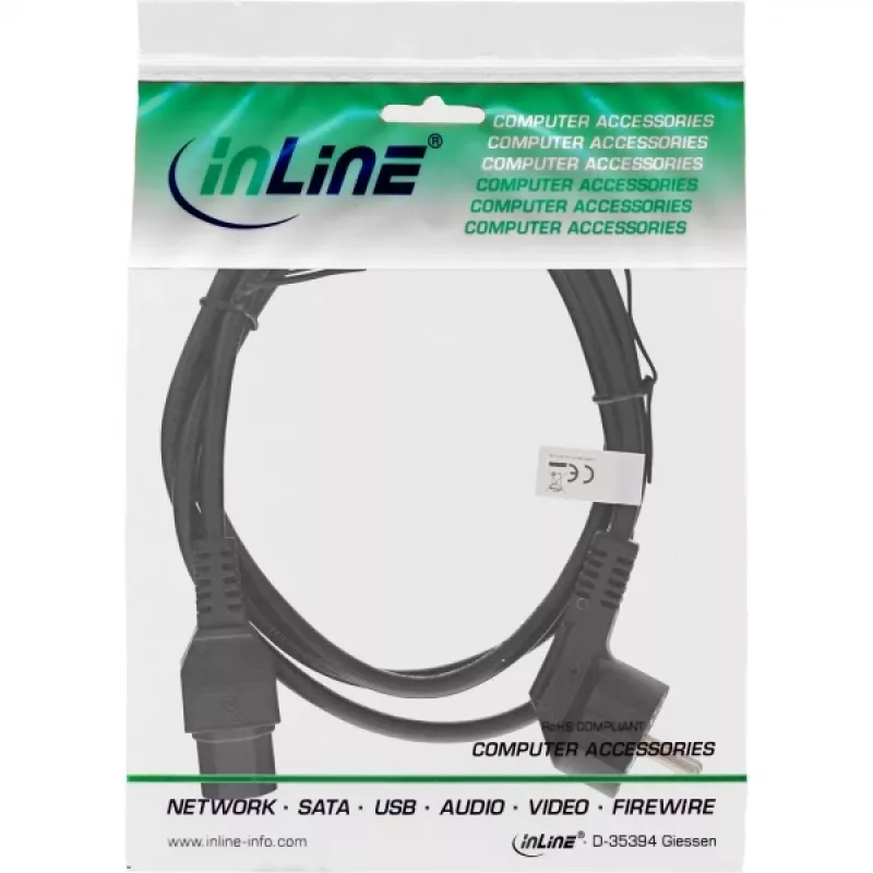 Cable de alimentación InLine, CEE7/7 acodado a C15 recto, 3 x 1 mm², negro, 5 m