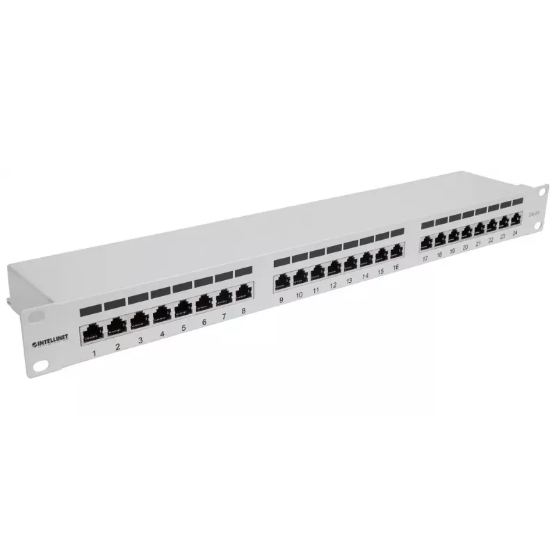Panel de parcheo Intellinet, Cat6a, FTP, 24 puertos, 1U, apantallado, regletas LSA de entrada superior a 90°, gris