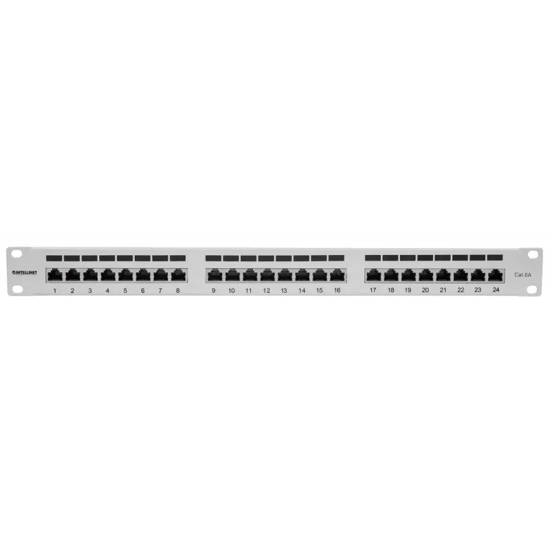Panel de parcheo Intellinet, Cat6a, FTP, 24 puertos, 1U, apantallado, regletas LSA de entrada superior a 90°, gris