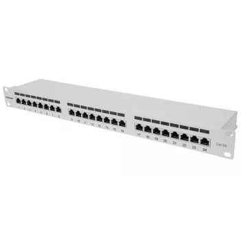 Panel de parcheo Intellinet, Cat6a, FTP, 24 puertos, 1U, apantallado, regletas LSA de entrada superior a 90°, gris