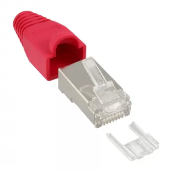 Conector macho de crimpado InLine RJ45 8P8C apantallado con guía de inserción y protección antiacodamiento, rojo