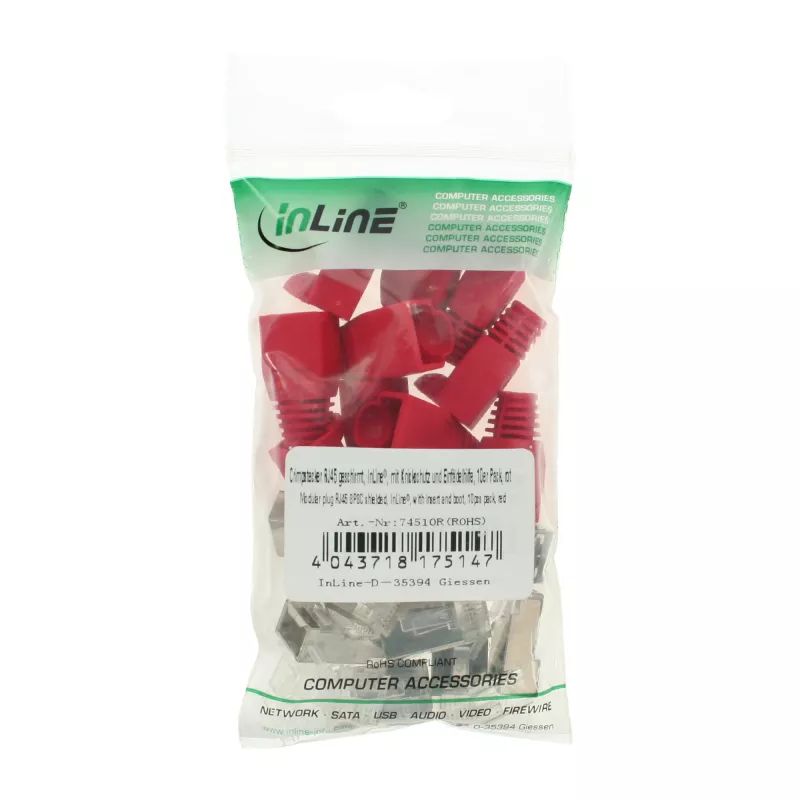 Conector macho de crimpado InLine RJ45 8P8C apantallado con guía de inserción y protección antiacodamiento, rojo