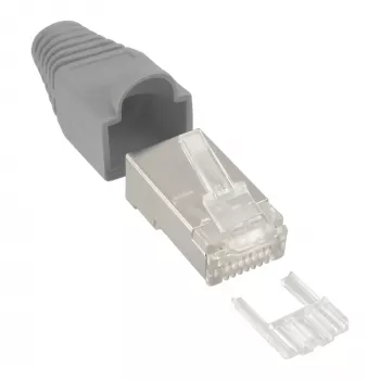 Conector macho de crimpado InLine RJ45 8P8C apantallado con guía de inserción y protección antiacodamiento, gris