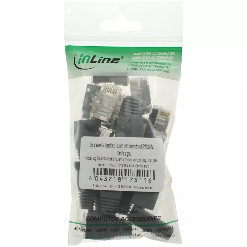 Conector macho de crimpado InLine RJ45 8P8C apantallado con guía de inserción y protección antiacodamiento, gris