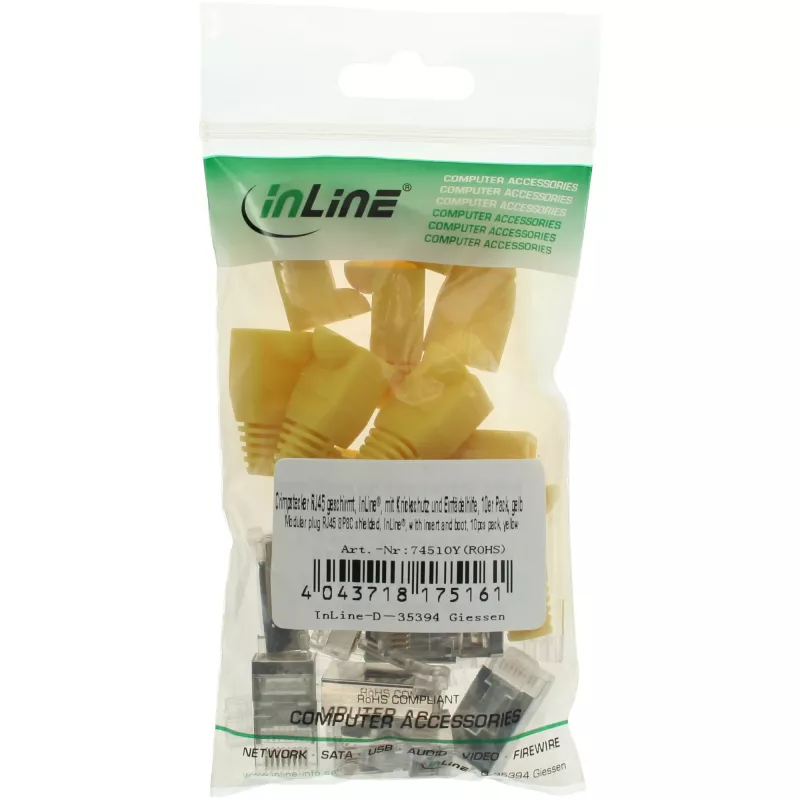 Conector macho de crimpado InLine RJ45 8P8C apantallado con guía de inserción y protección antiacodamiento, amarillo