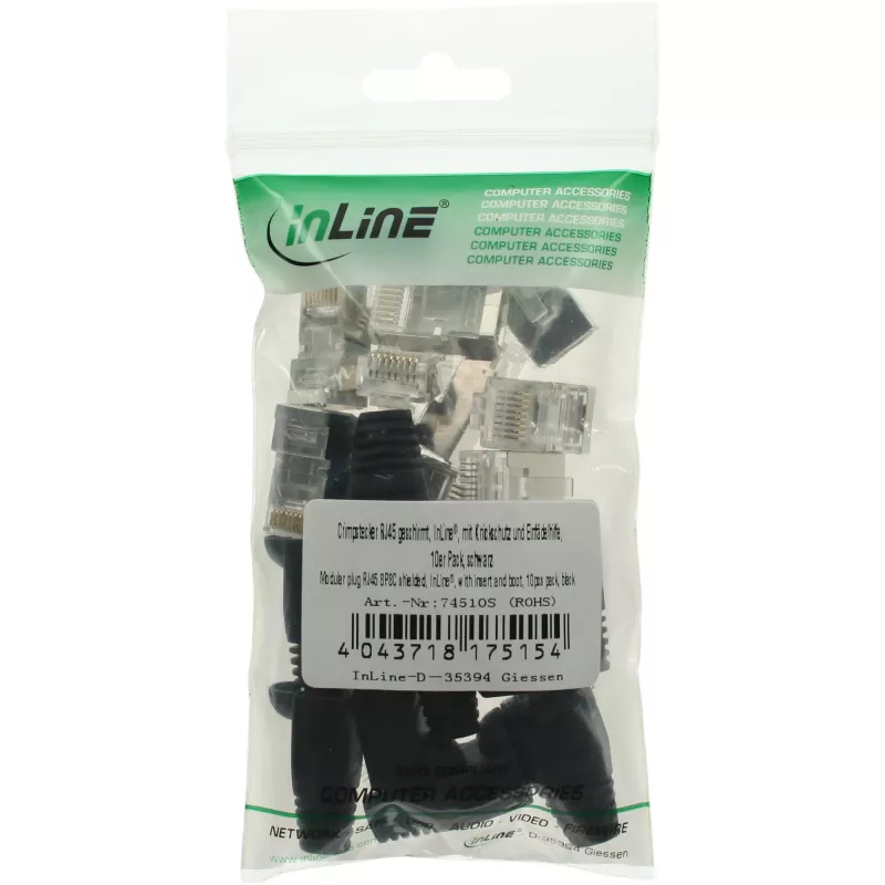 Conector macho de crimpado InLine RJ45 8P8C apantallado con guía de inserción y protección antiacodamiento, negro