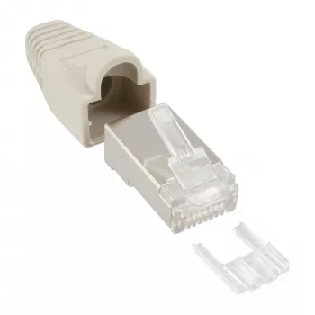 Conector macho de crimpado InLine RJ45 8P8C apantallado con guía de inserción y protección antiacodamiento beige