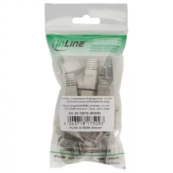 Conector macho de crimpado InLine RJ45 8P8C apantallado con guía de inserción y protección antiacodamiento beige