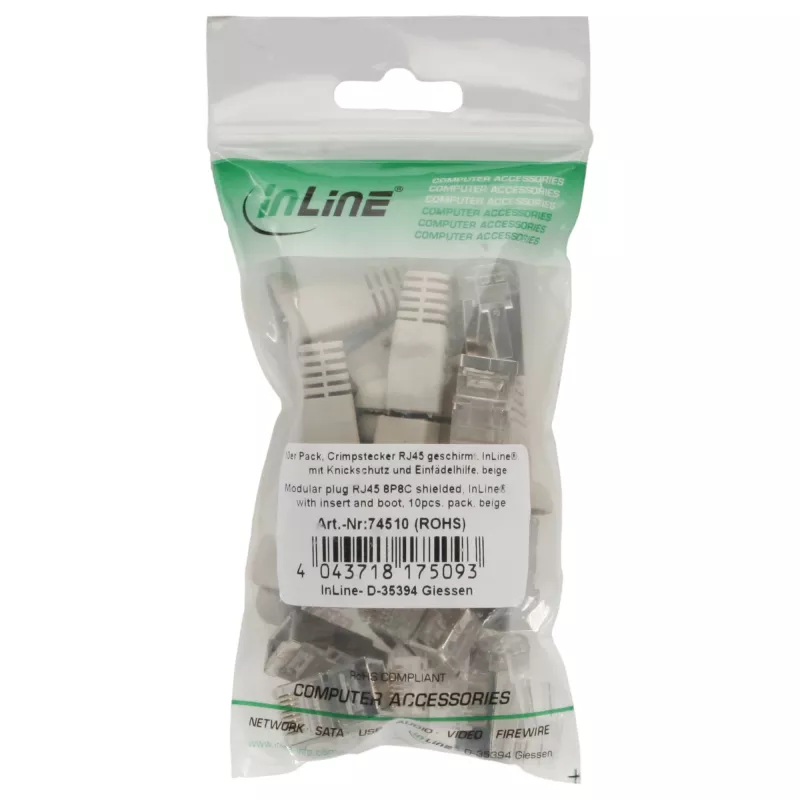 Conector macho de crimpado InLine RJ45 8P8C apantallado con guía de inserción y protección antiacodamiento beige